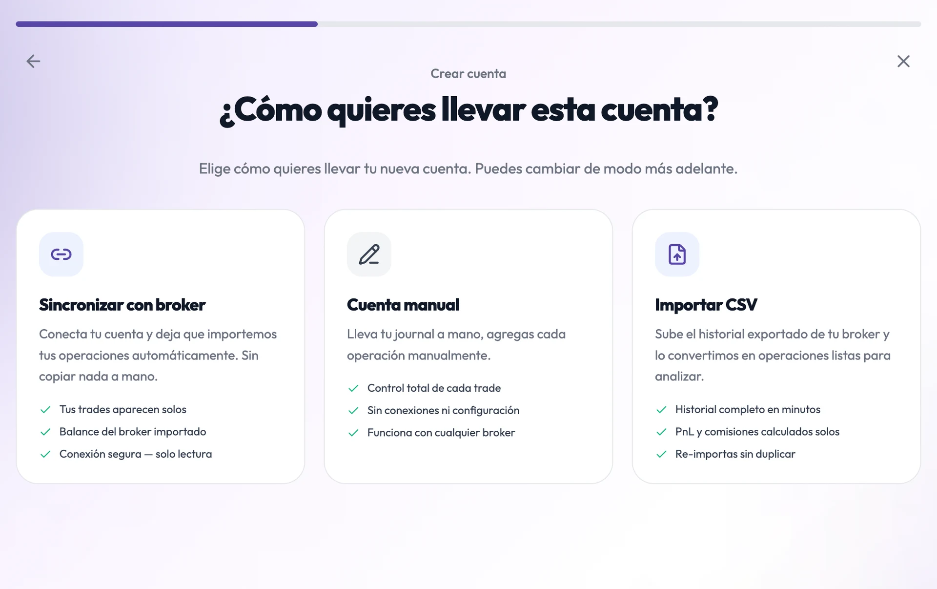 Alta de cuenta en Stratonk: sincronizar con bróker, cuenta manual o importar CSV