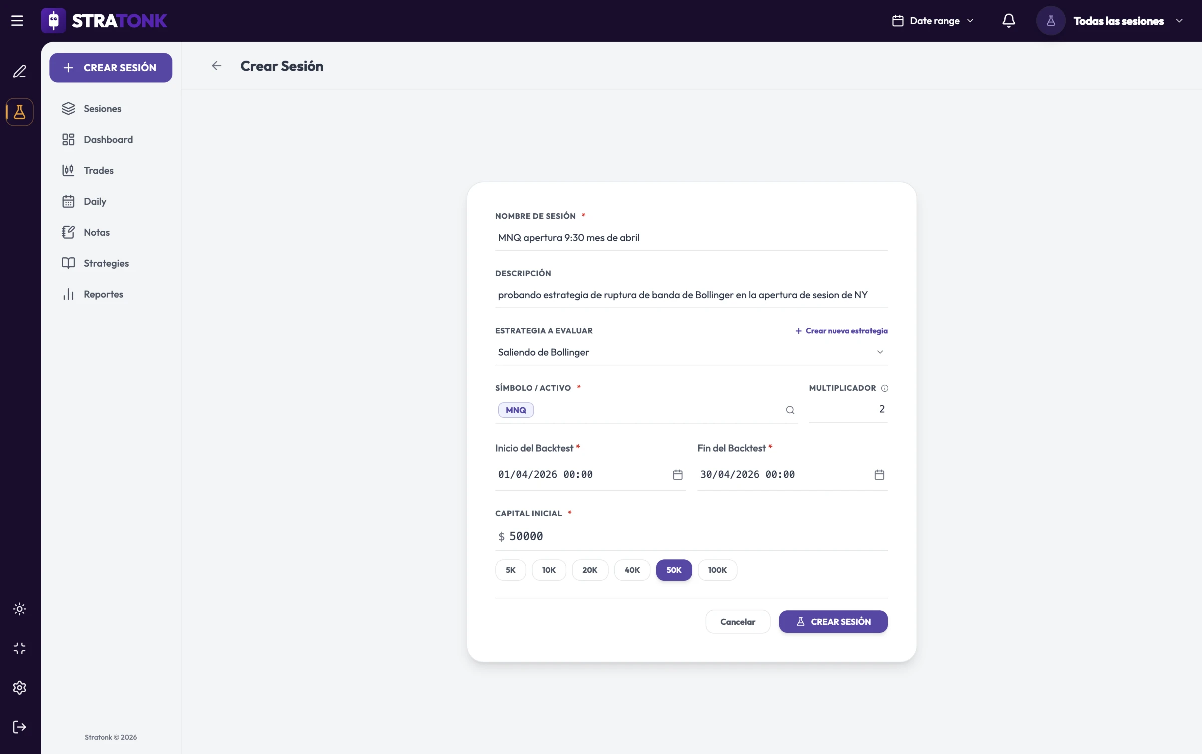 Configuración de sesión de backtesting en Stratonk